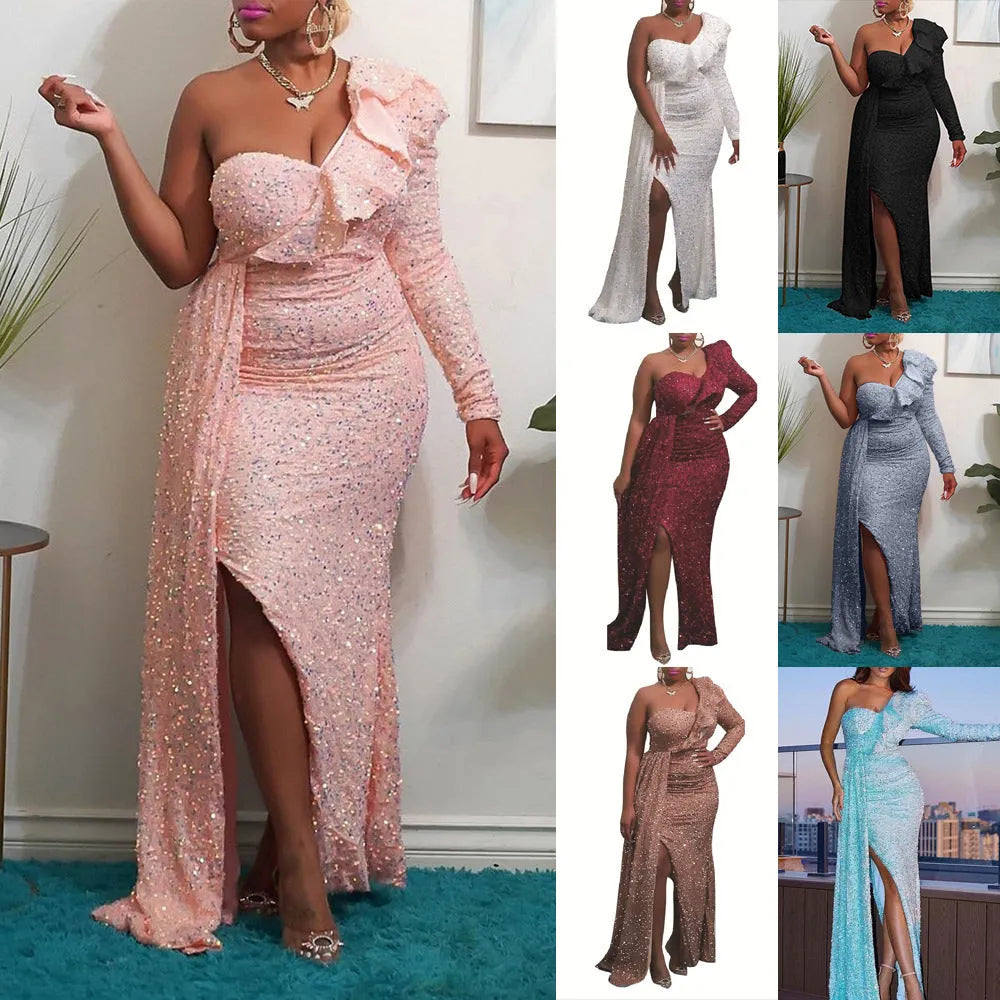 One shoulder sequin long dress with asymmetric skirt and puff sleeves in a solid colour