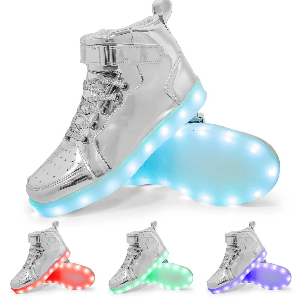 LED illuminated high-top board shoes with Velcro fastening in multiple colour options