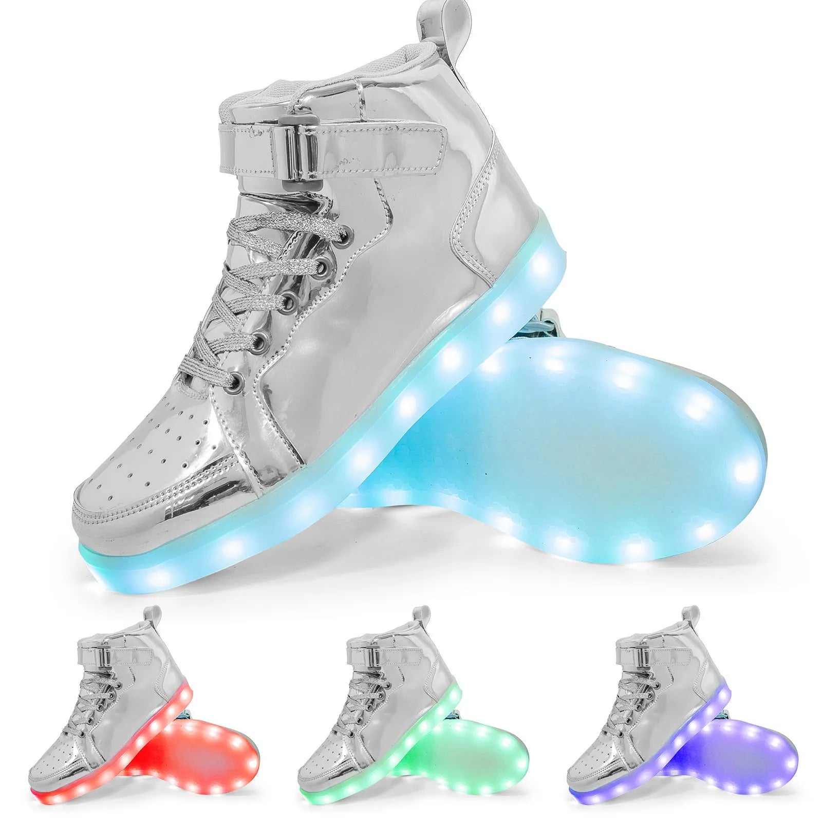 LED illuminated high-top board shoes with Velcro fastening in multiple colour options