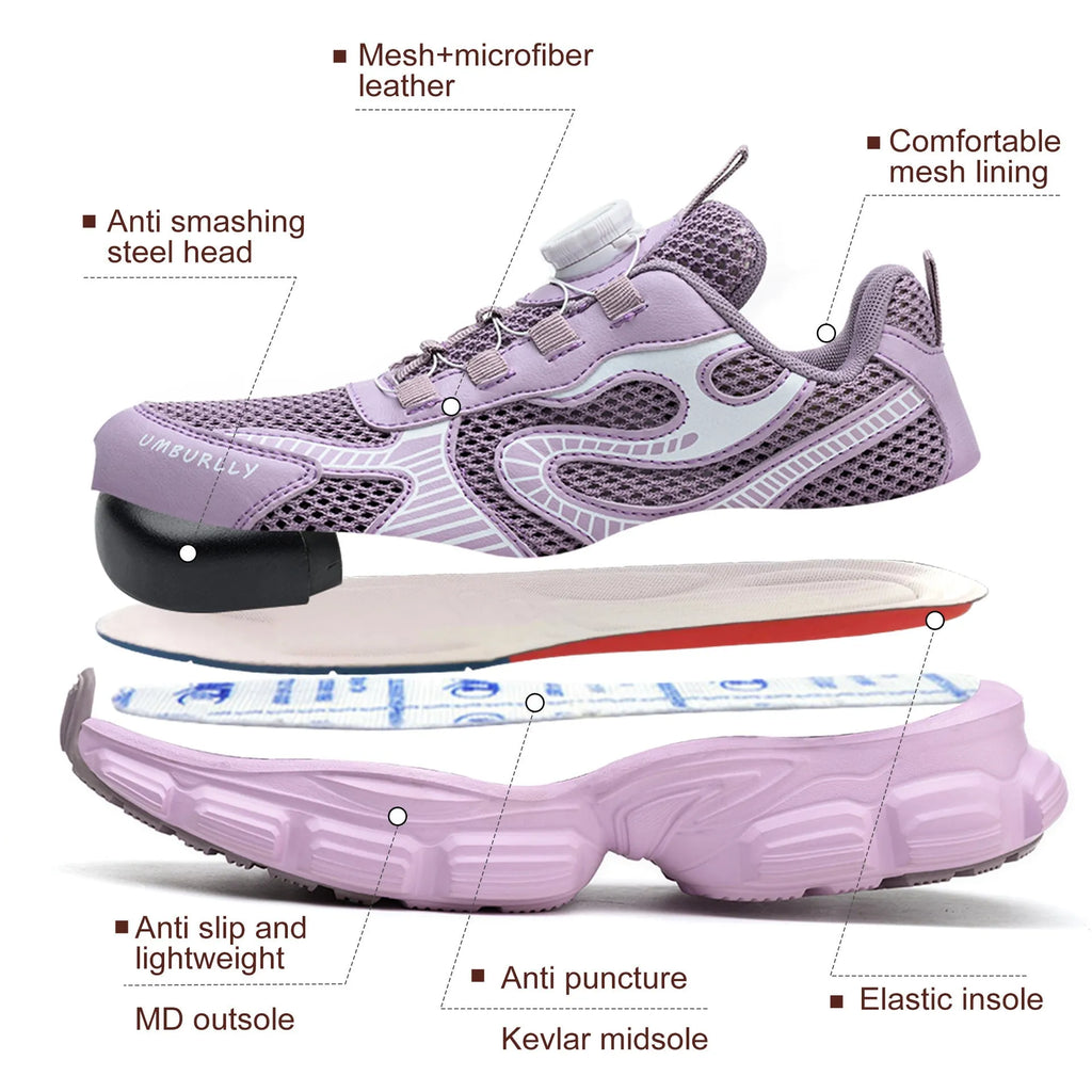 Women's black safety work shoes with fly woven mesh upper, steel toe cap, and lace-up design on a grey background.
