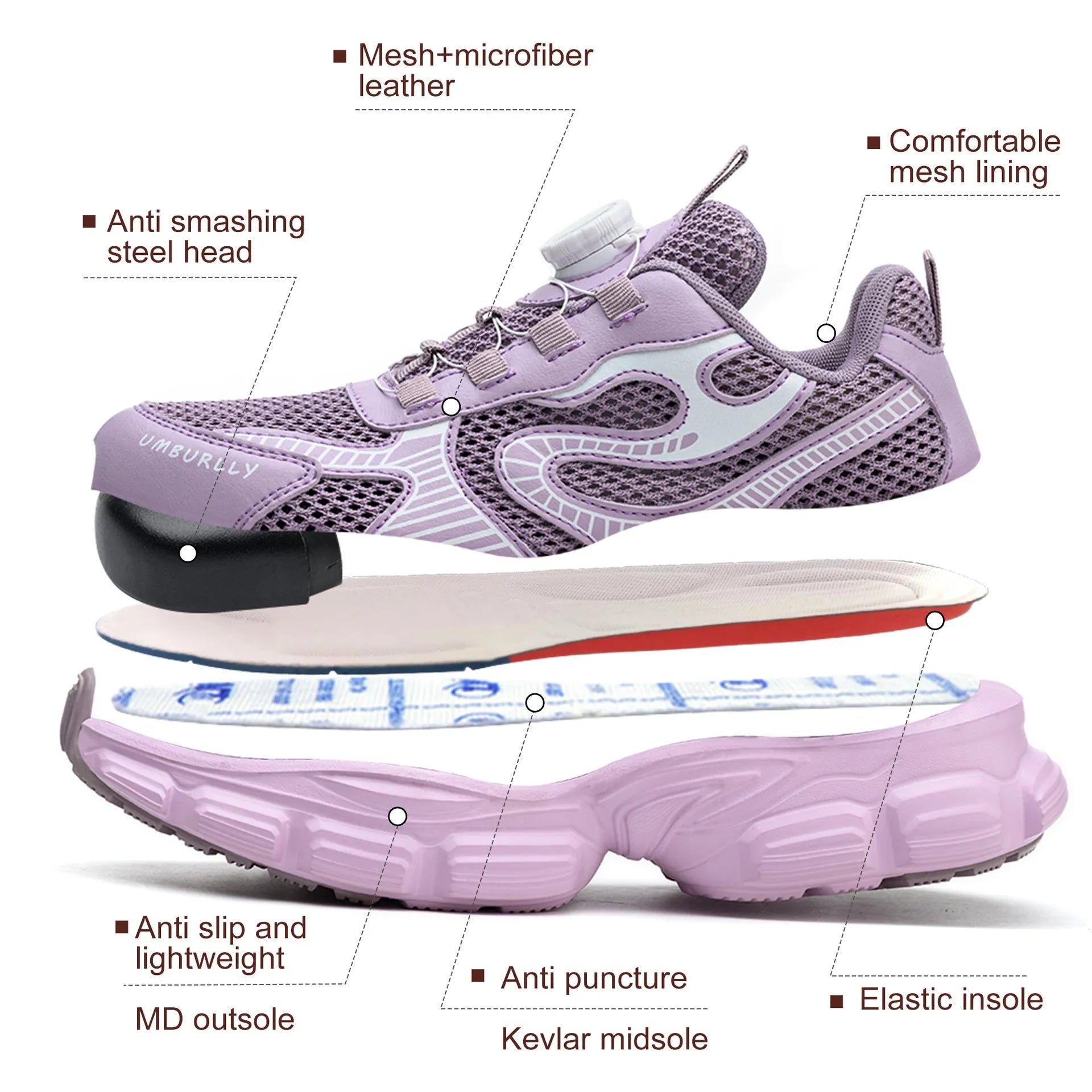 Women's black safety work shoes with fly woven mesh upper, steel toe cap, and lace-up design on a grey background.