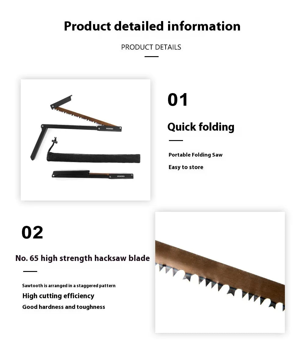 Black foldable outdoor survival saw with aluminum and PA66 nylon frame