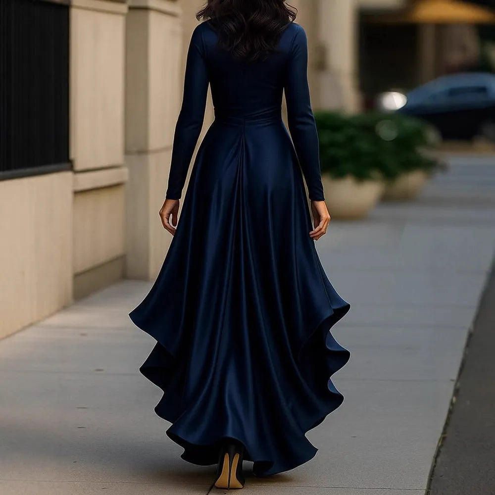 V-neck waist trimming ruffle dress with asymmetric high waist skirt in navy blue