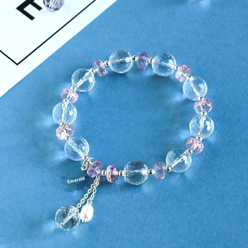 White crystal women's bracelet with diamond shapes and Lucky Cat charm in Korean style design