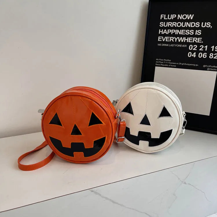 Small round pumpkin crossbody bag in PU, 18 x 18 x 7cm, shown in orange, black, and white