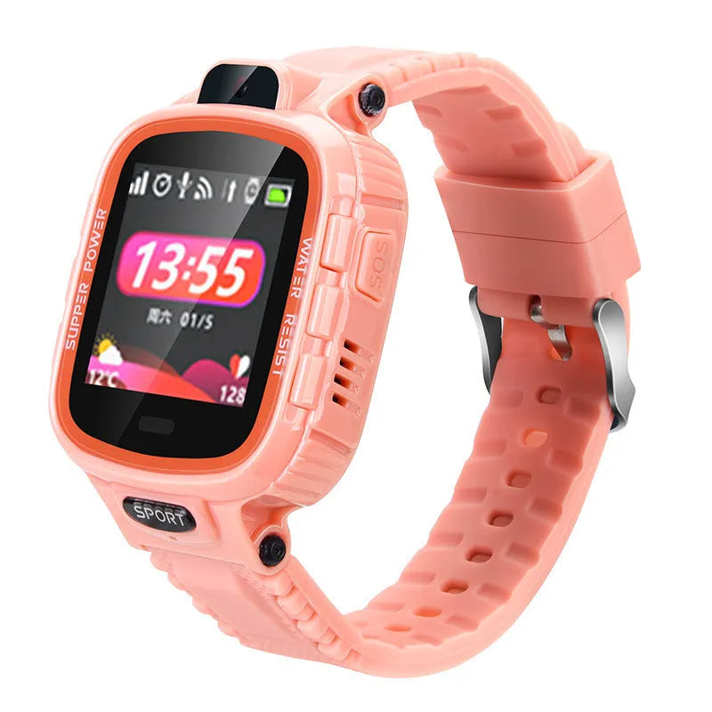 Children's GPS smart watch with camera and touch screen in blue, showing the 1.44-inch display and silicone strap