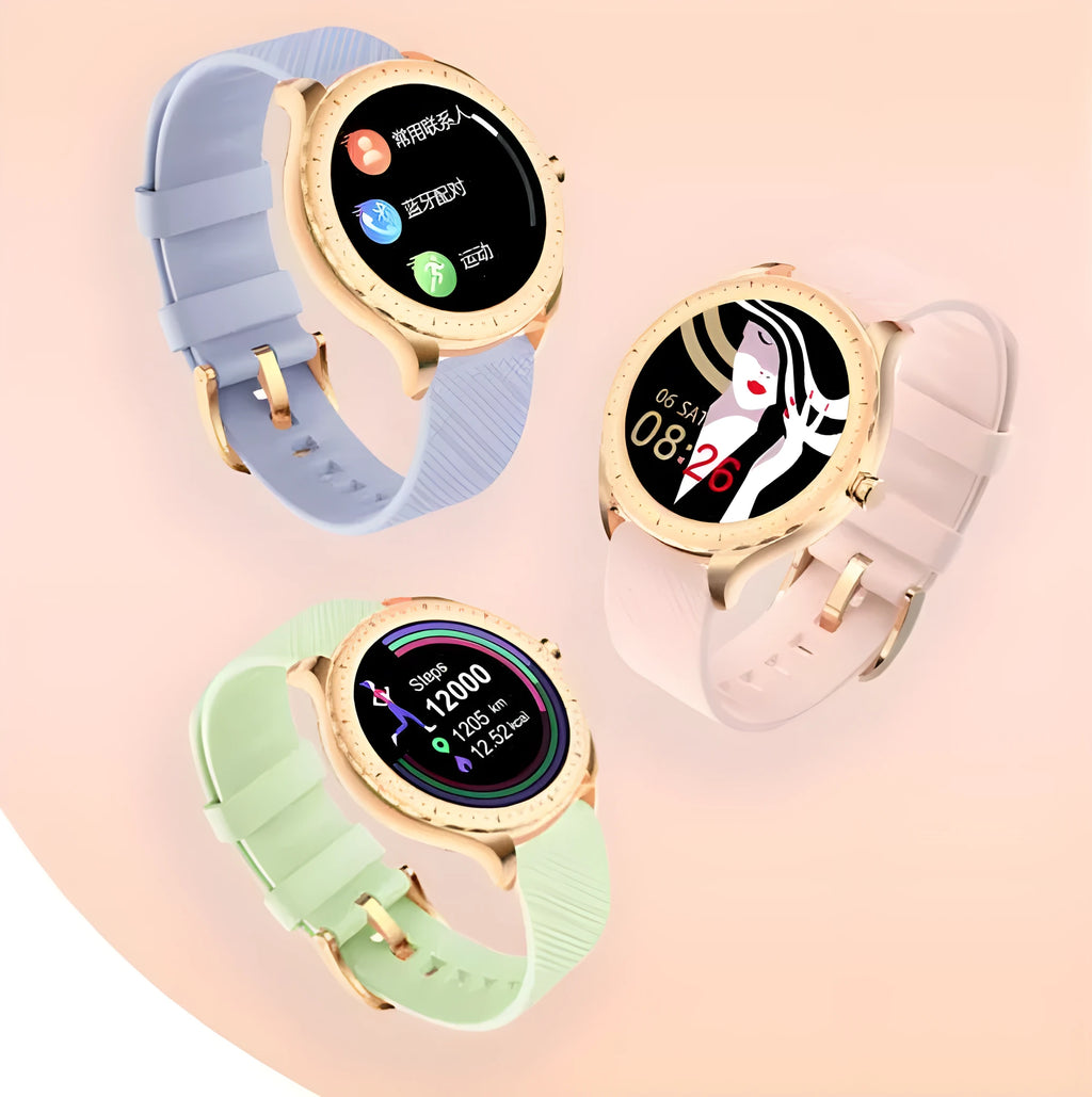 Women's round dial smart watch with 1.09 inch touchscreen, metal body, and silicone strap in multiple colours