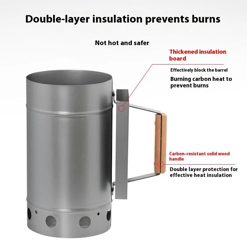 Zinc-iron alloy charcoal fire starter with point carbon barrel nozzle on a patio table