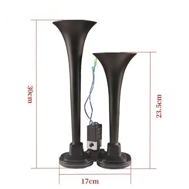 Black dual-trumpet air horn and compressor kit for 12V and 24V vehicles
