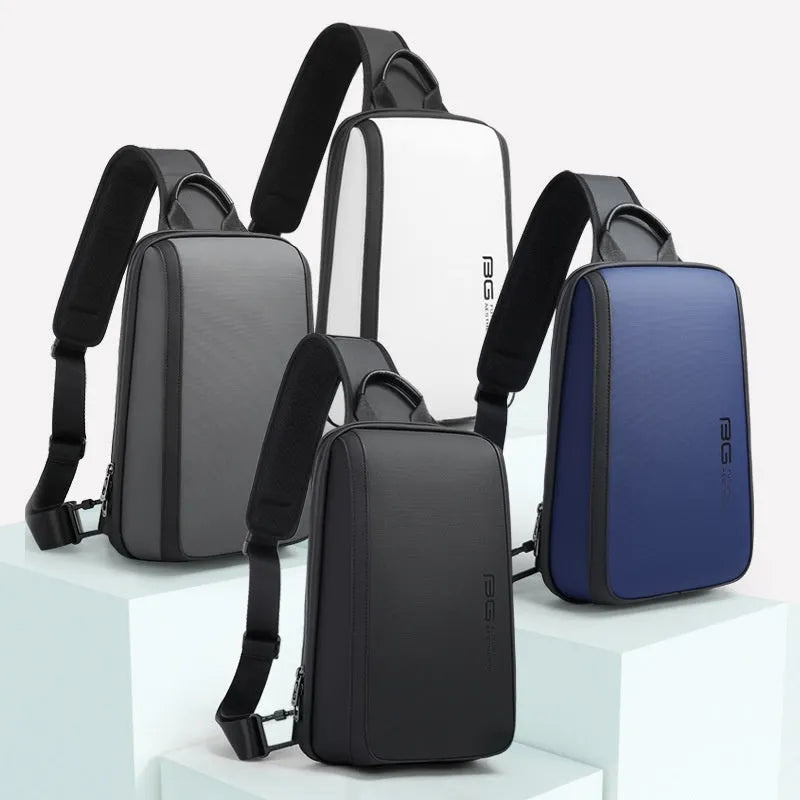 Men's blue Oxford cloth messenger bag with adjustable shoulder strap showing front compartment.
