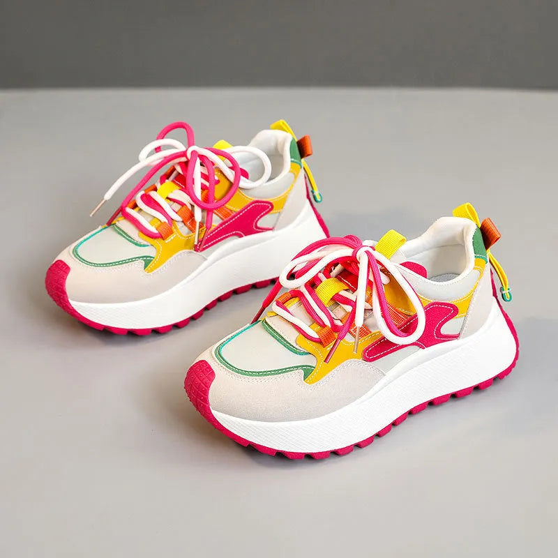 Women's low top dad shoes with synthetic leather upper, rubber sole, round toe, front lace-up, in green or red