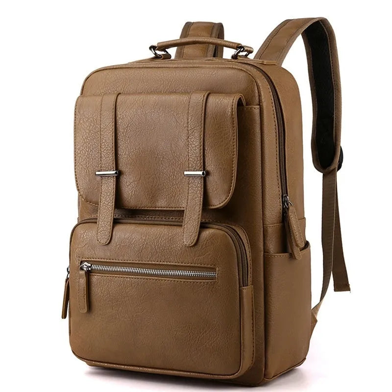 Waterproof PU leather backpack in amber brown, cool black or khaki, 40x28x18cm, with air pillow belt