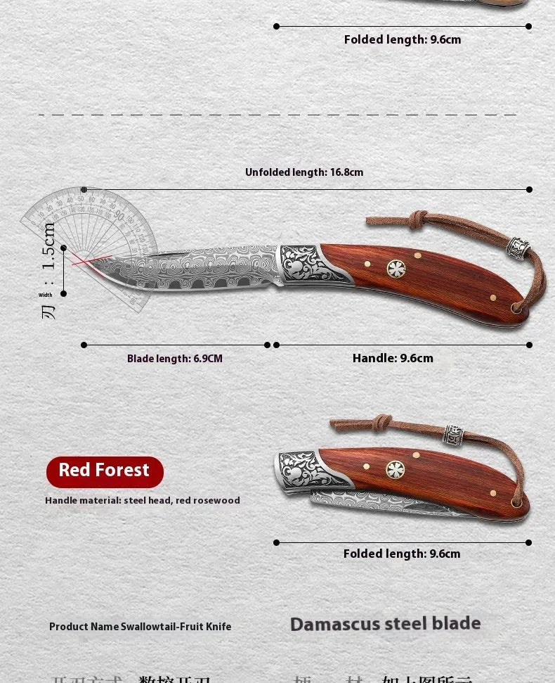 VG10 folding mini outdoor knife showing stainless steel blade and dovetail pattern in blue or red