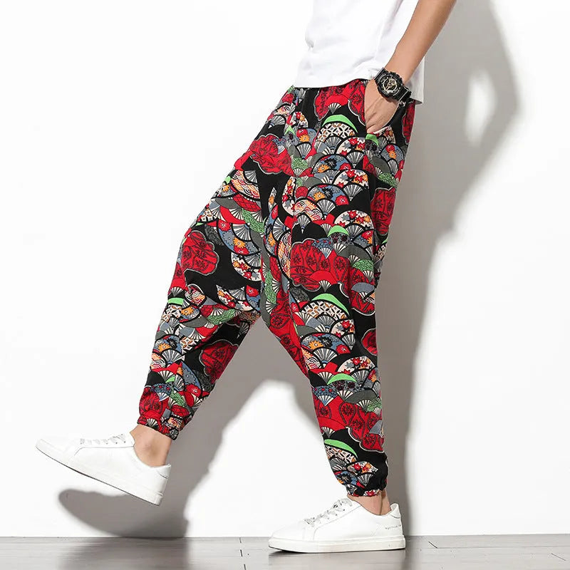 Women's summer bohemian loose wide-leg elephant flower print cotton trousers in blue fan colour