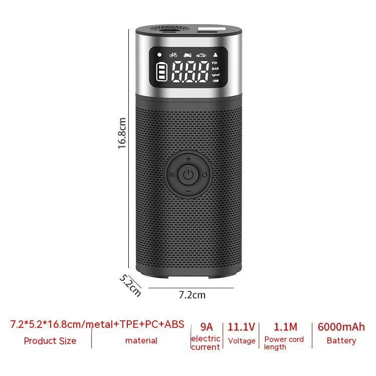 Black portable wireless air pump with LED light, 15cm tube, and accessory nozzles for car, bicycle, and ball inflation