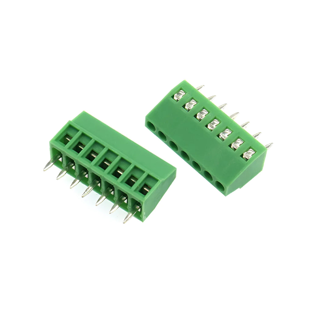 Green bolt-style wiring terminal connector joint with 2.54mm spacing, 18AWG wire compatibility, two connection points, and 6A 150V rating
