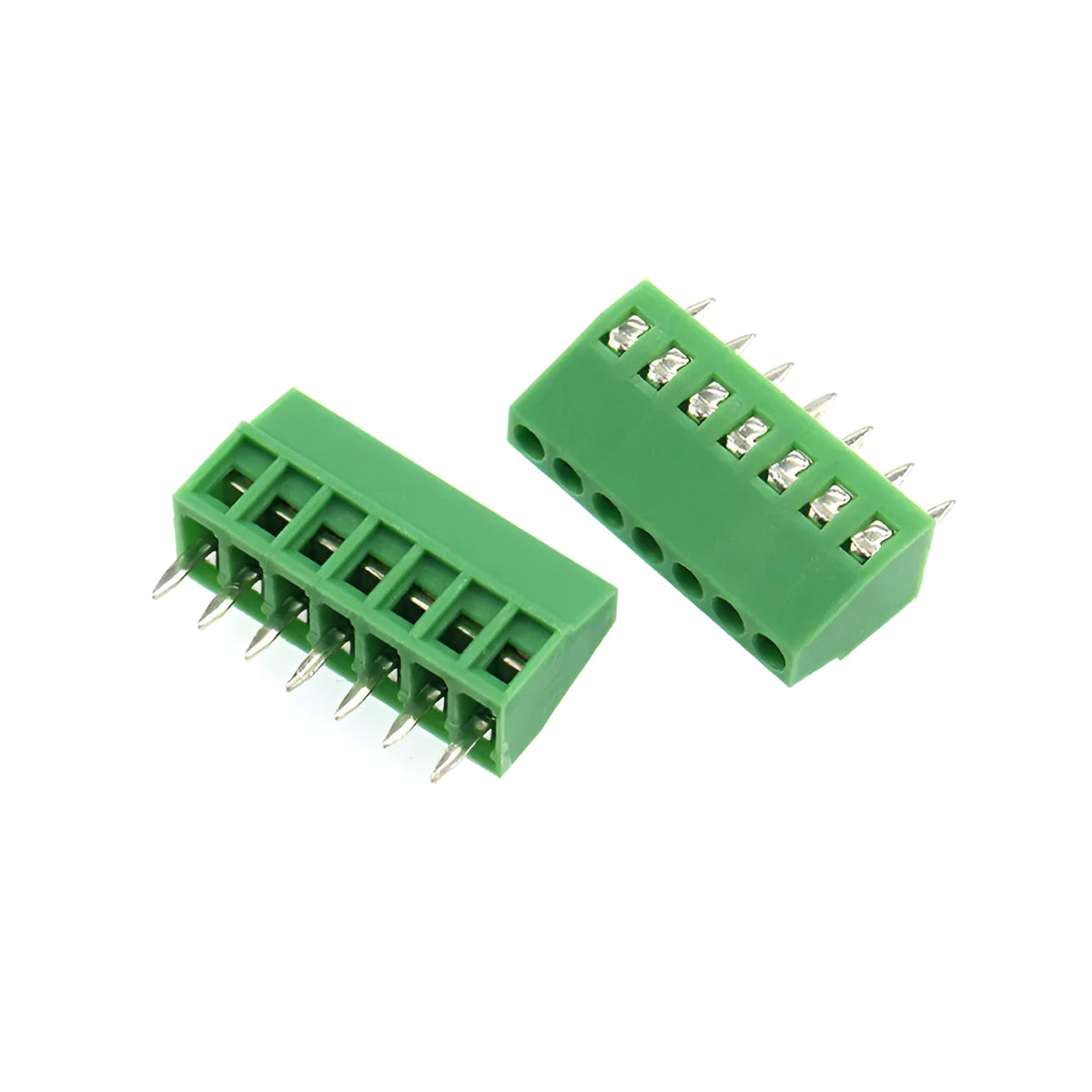 Green bolt-style wiring terminal connector joint with 2.54mm spacing, 18AWG wire compatibility, two connection points, and 6A 150V rating