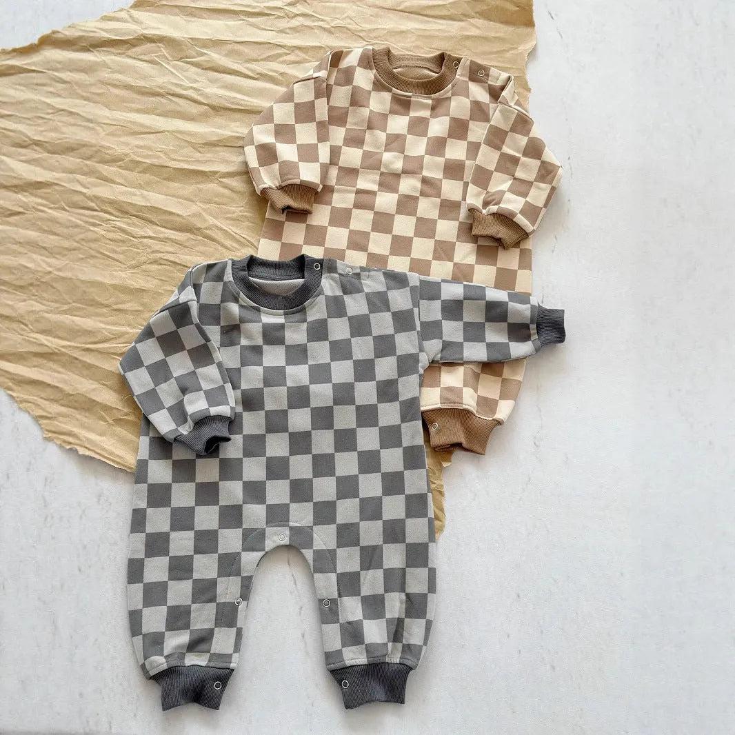 Baby long climbing suit in cotton fabric, neutral design, available in multiple colours for spring and autumn