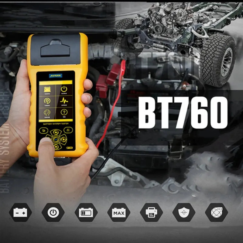 Autool BT760 vehicle battery tester with colour screen, connection clips, and thermal printer.