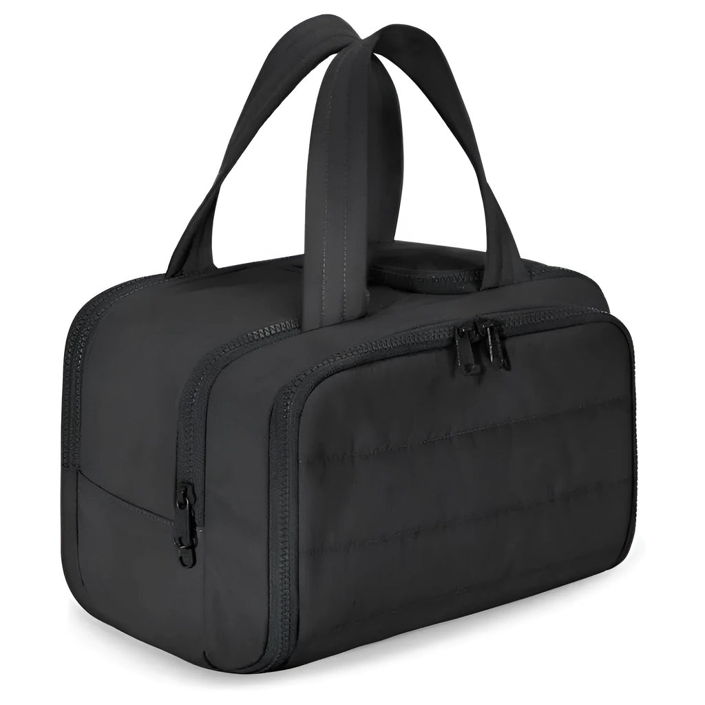 A large, fluffy soft travel toiletry bag in a choice of colours, shown open to reveal its spacious interior.