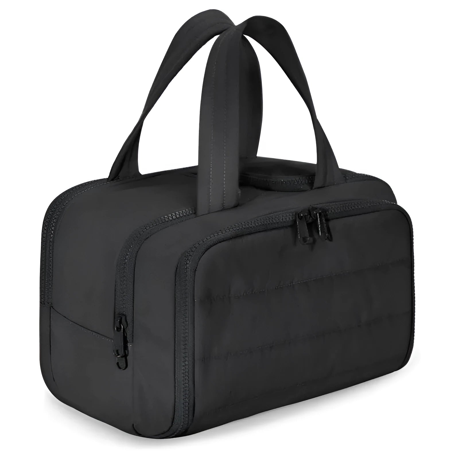 A large, fluffy soft travel toiletry bag in a choice of colours, shown open to reveal its spacious interior.