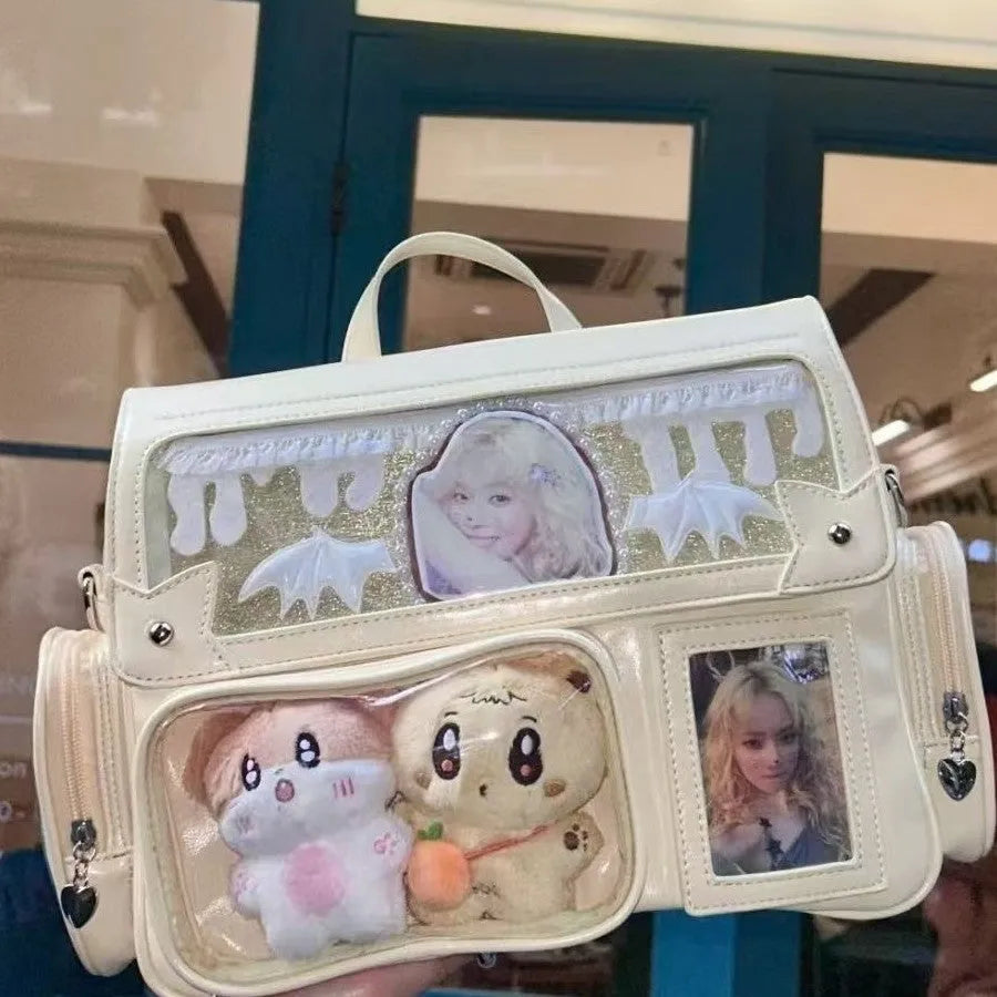 Hidden light plate cartoon crossbody bag in pink PU with stitching and lock, for leisure travel