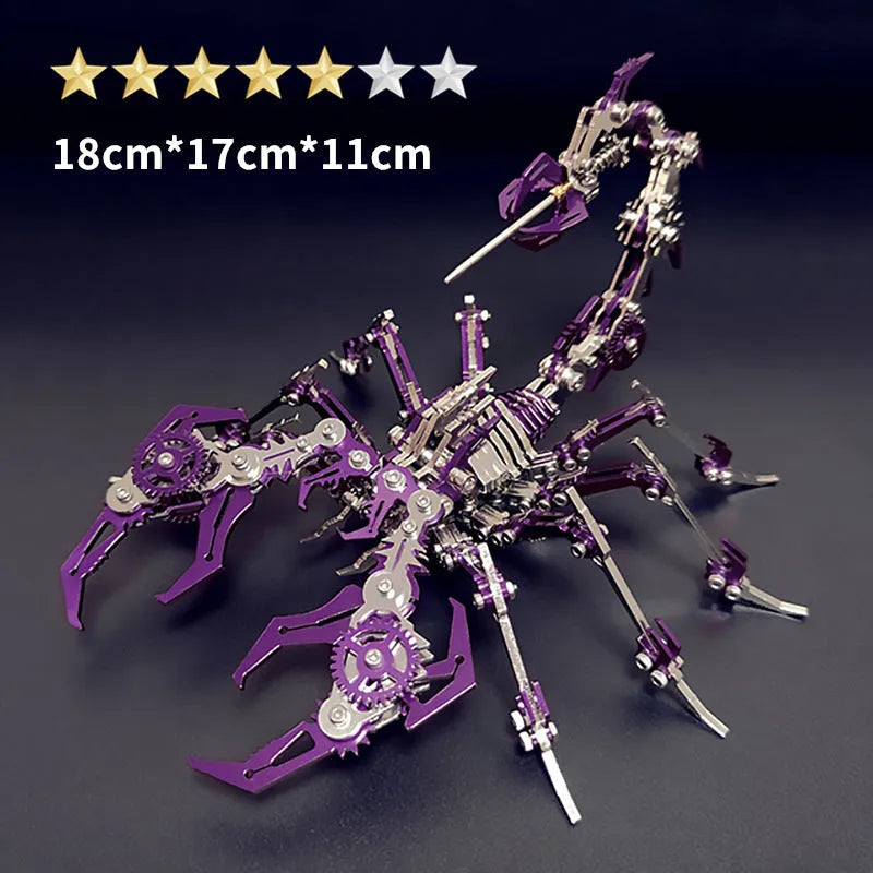 Blue Magic metal scorpion 3D puzzle model assembled on table next to colour box packaging