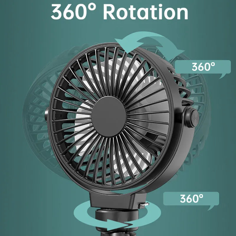 Black portable USB octopus fan with flexible tripod legs and clip, showing 360-degree rotation.