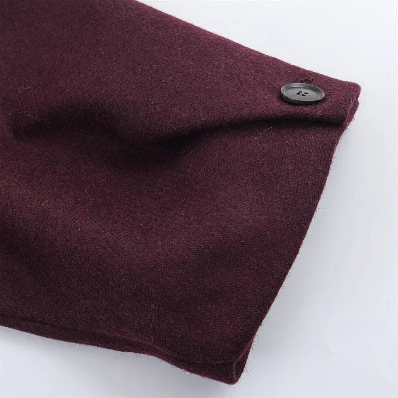 Women's loose slimming long overcoat in wine red colour with spandex stretch, front view