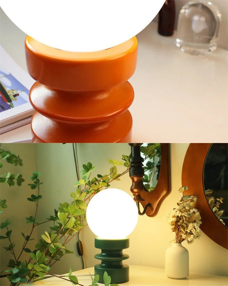 Solid wood base bedside lamp with milk glass lampshade in dark green, orange, or retro red finish.