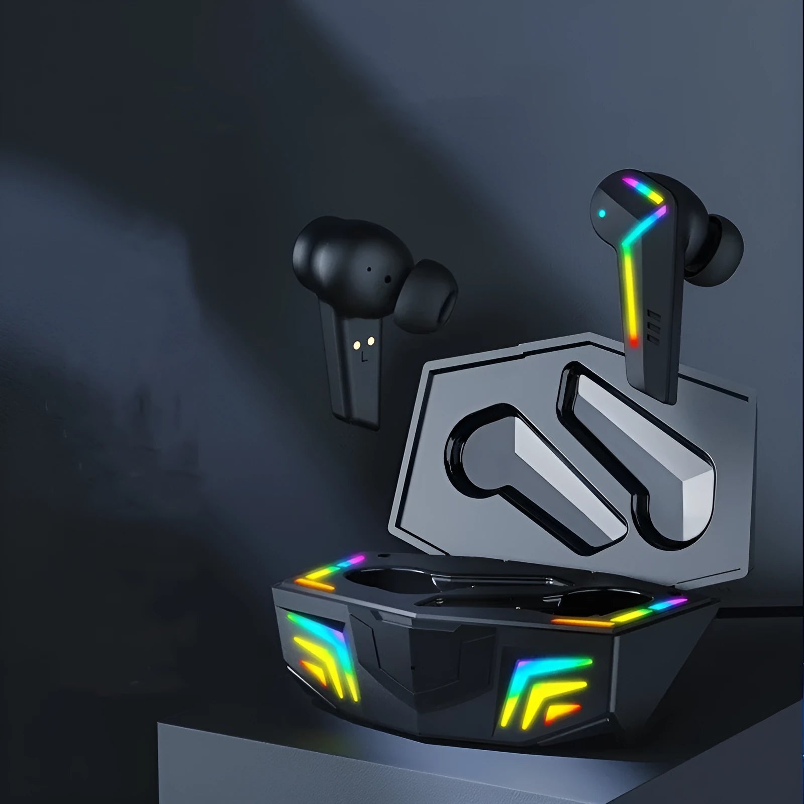 Black TWS wireless Bluetooth earbuds for low latency gaming and sports