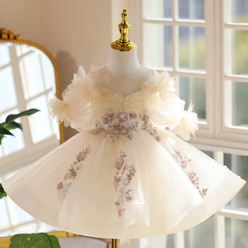 Girls' light champagne princess dress for birthday and performance, height sizes 80cm to 150cm, polyester lining and main fabric
