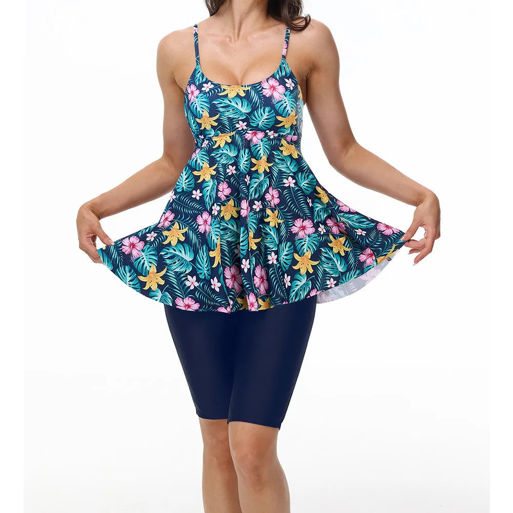 Women's two-piece strap swimsuit with high-waist pants in polyester, available in five colours and sizes S to XXL