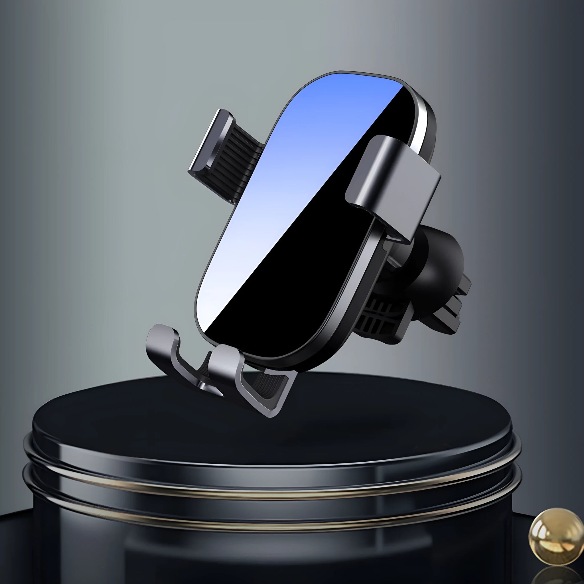 Black sucker car phone holder with USB charging stand mounted on dashboard