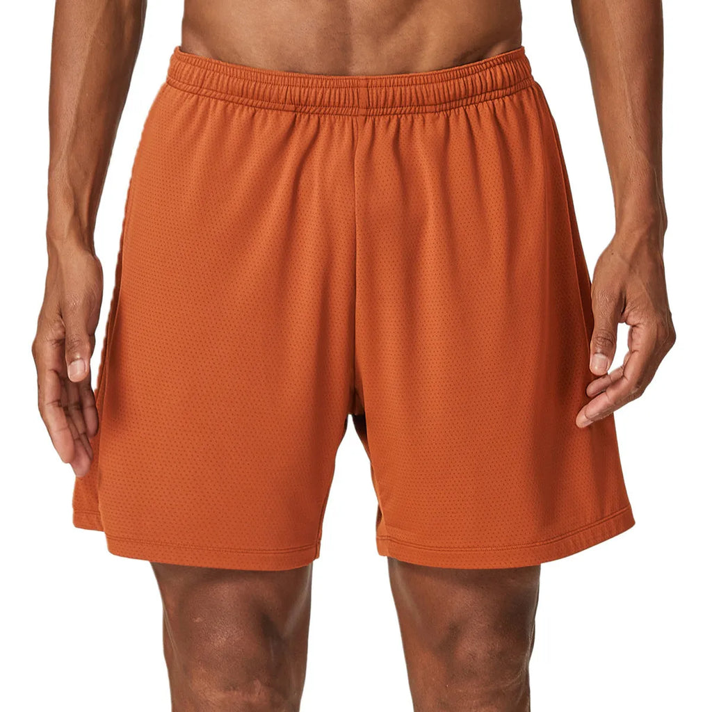 Men's sky green quick-dry double-layer running shorts laid flat, showing mid-waist and shorts length.