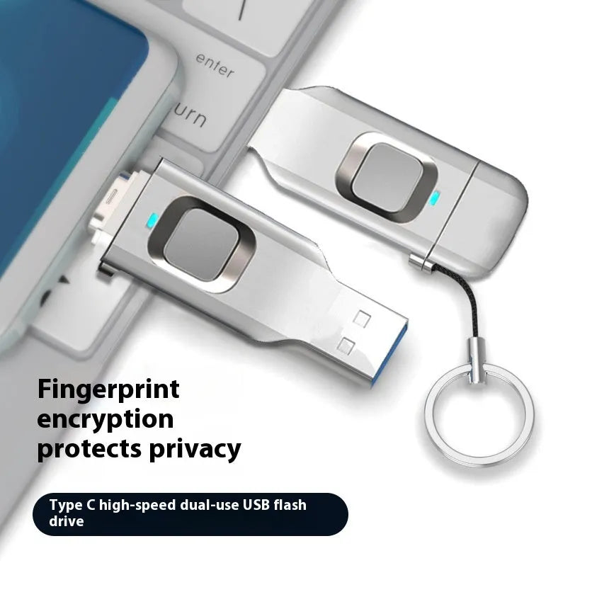 Black fingerprint USB flash drive with metal casing showing USB 3.0 and Type-C interfaces