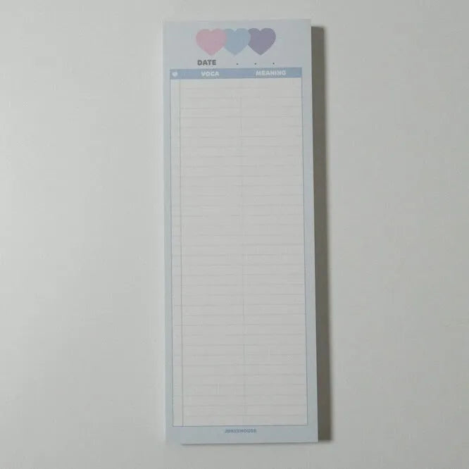 Vertical half-B5 notepad with English words, shown in pink, purple, and blue cover colour options.