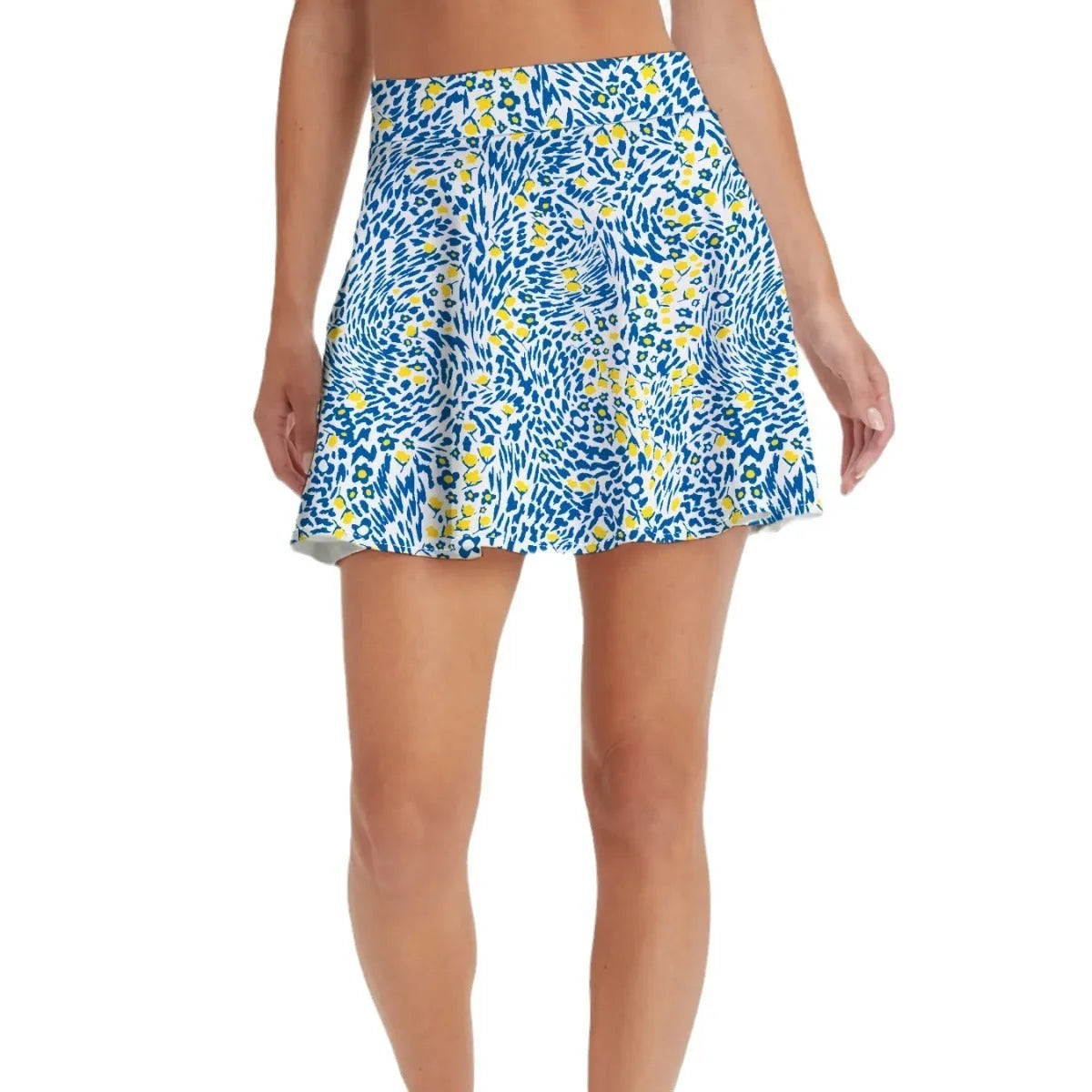 Women's high waist half-length sports skirt in blue, shown for golf or tennis.