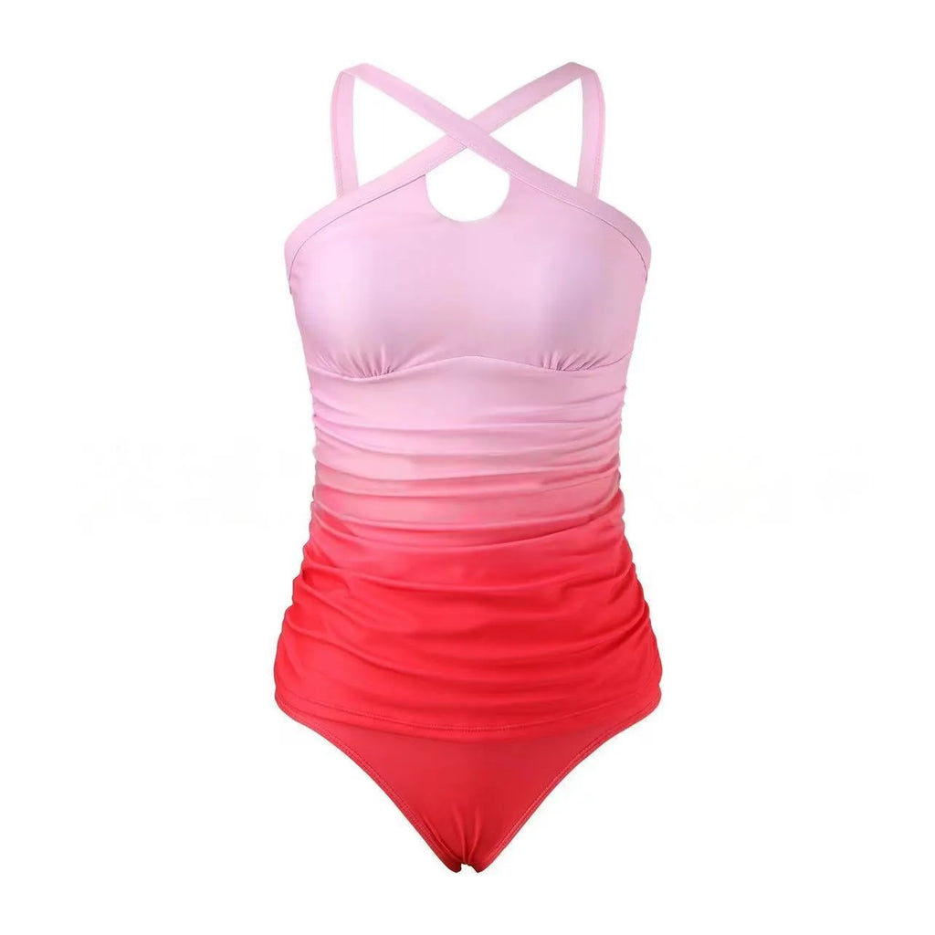 Women's gradient colour swimsuit with cross strap back and heap pleated detailing