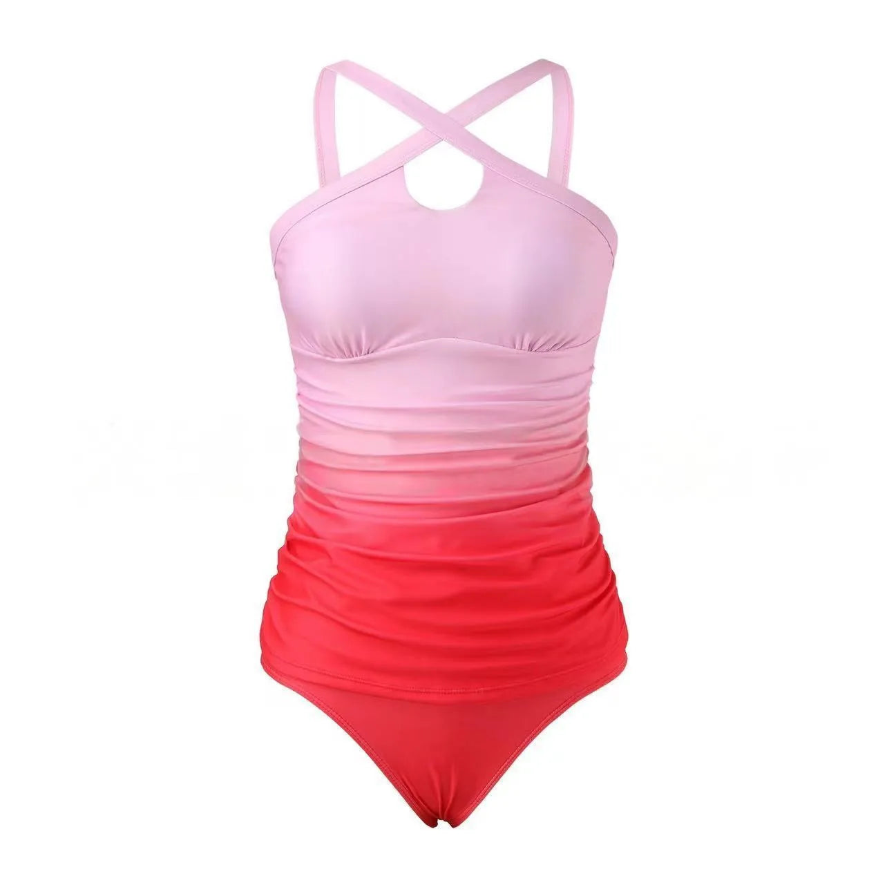 Women's gradient colour swimsuit with cross strap back and heap pleated detailing