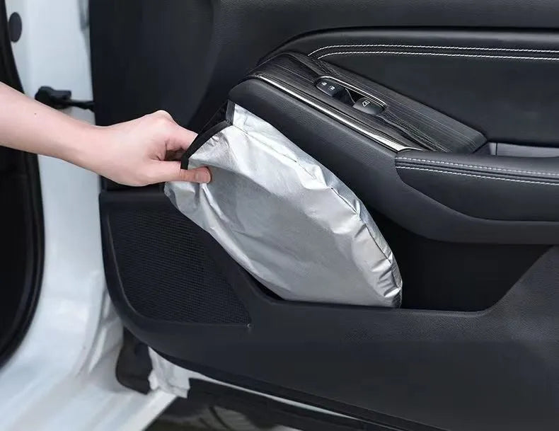 Titanium silver aluminium foil car sunshade folded, showing reflective surface and size options for windscreen protection.