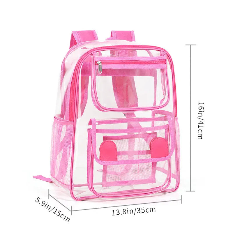 Transparent PVC large capacity travel backpack in multiple colour options including blue and red.