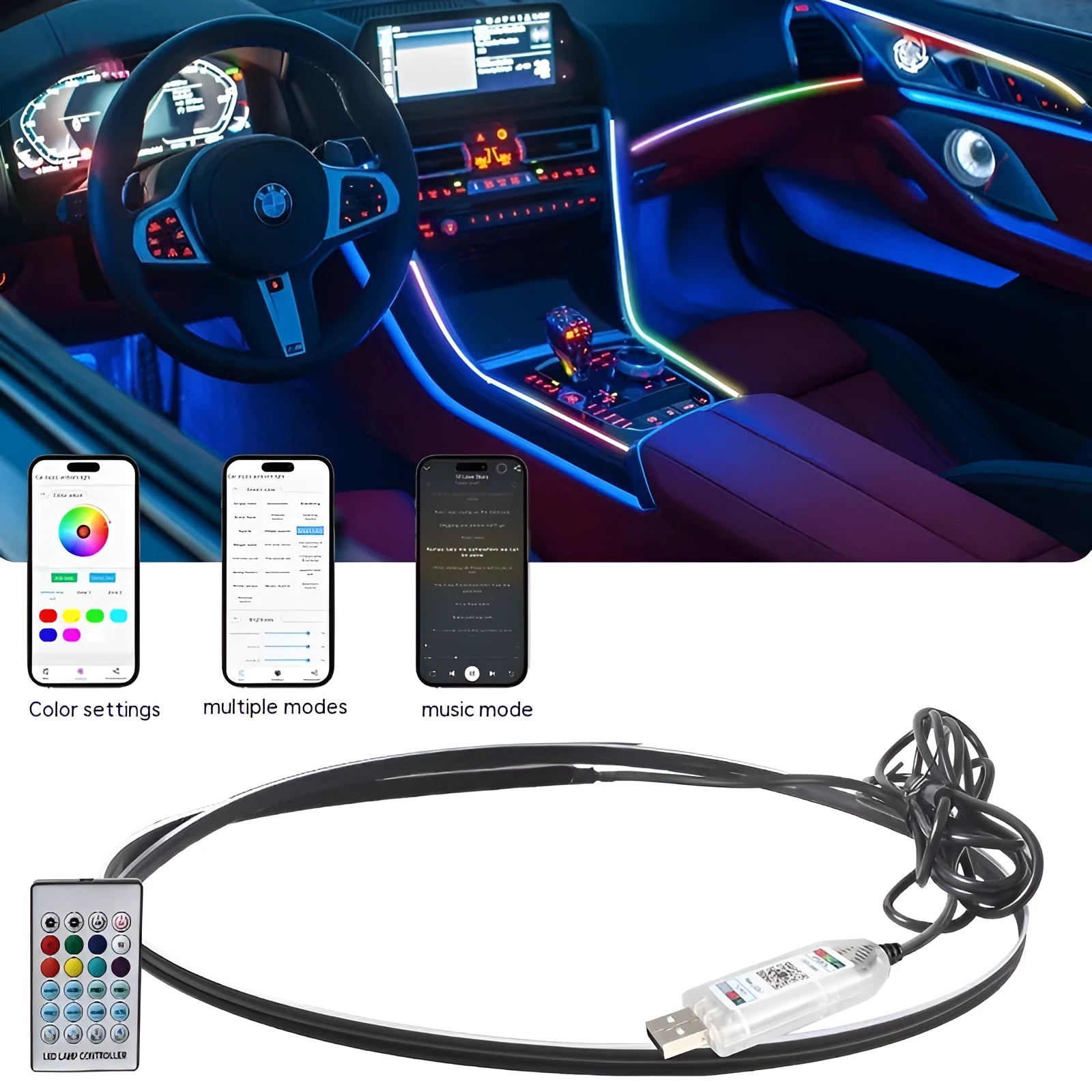 Flexible 110cm USB car interior LED ambience light strip with remote control on a car dashboard