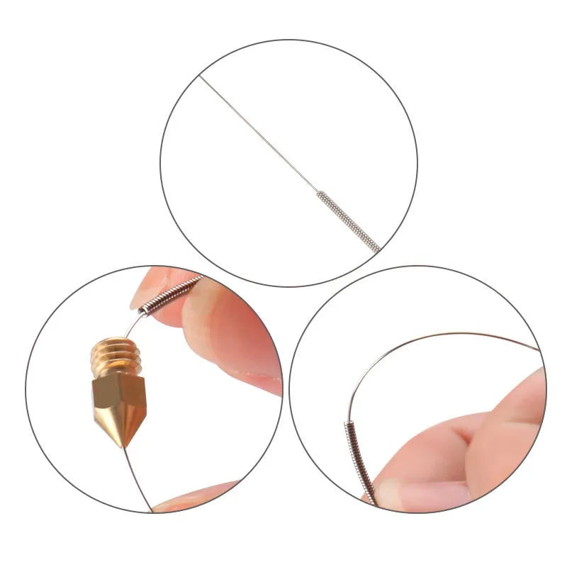 Ten steel cleaning needles for 3D printer nozzles with MK8 and E3D compatibility in five diameter sizes