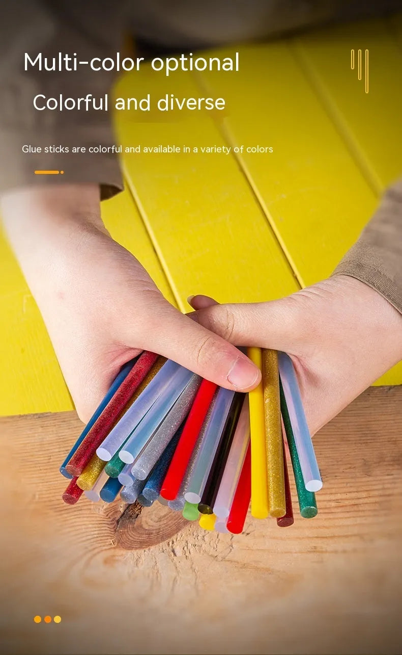 Pack of 55 clear hot melt glue sticks with 7mm diameter next to a glue gun.