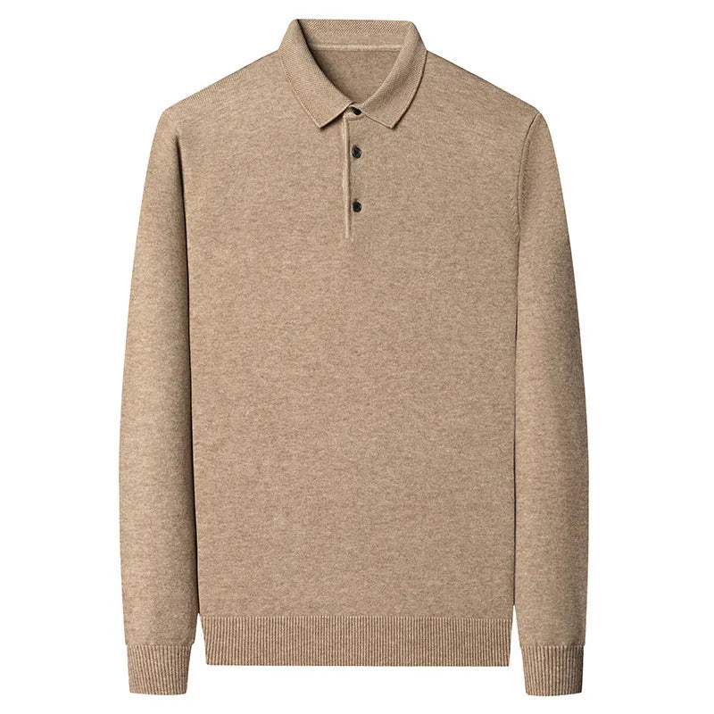 Men's winter wool lapel long sleeve sweater in camel colour, thick knit, simple style, front view