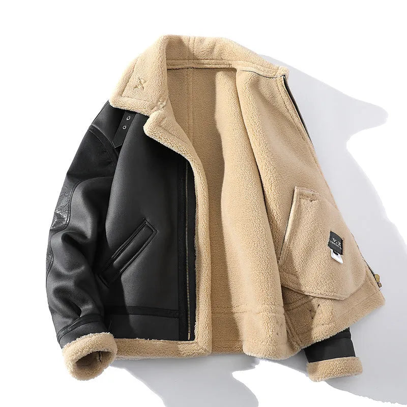 Black men's winter fleece-lined PU leather coat, short retro style, sizes M to 5XL
