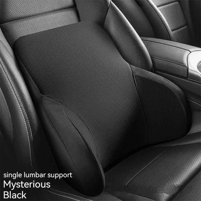 Black memory foam car headrest and lumbar support pillow set on a car seat