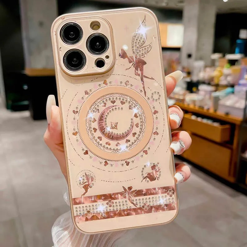 Butterfly fairy diamond magnetic phone case in pink, white, or rose gold for iPhone 11 to 15 Pro Max, with rhinestone bow and TPU PC shell
