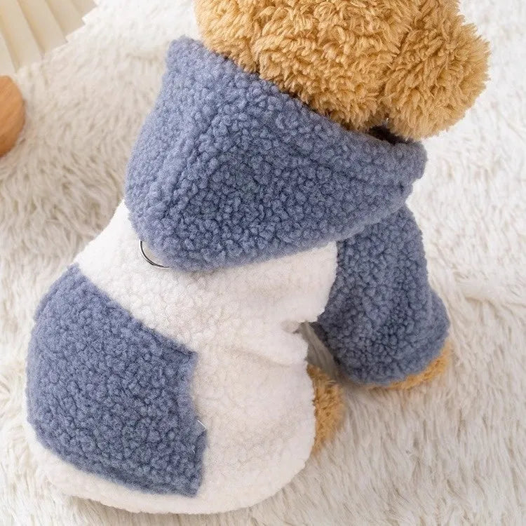 Brown hooded cotton-padded dog coat with long sleeves and an adjustable belly strap.